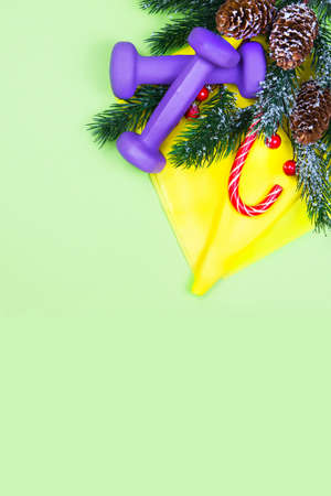 Christmas fitness. Healthy and active lifestyles greeting card concept. Purple dummbbells, yellow ruubber band, candy and fir-tree on greenの写真素材