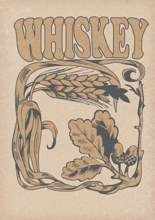 collection of graphic label. graphic  symbol of whiskey . oak branch, barley. no trace. hand drawn.のイラスト素材