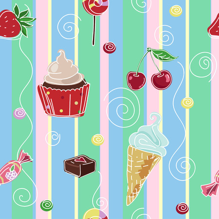 Seamless striped texture with ice cream, candy and cupcakeのイラスト素材