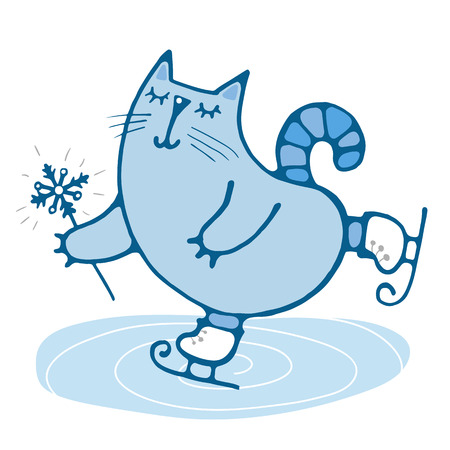 Cute cat drawn skating on ice winter simple drawing for embroidery, applique, or element of designのイラスト素材