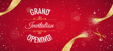 Grand opening horizontal banner. Text with  confetti, golden splashes  and ribbons.Gold sparkles.  Elegant style. Vector Illustrationのイラスト素材