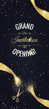 Grand opening vertical banner. Text with  confetti, golden splashes  and ribbons.Gold sparkles.のイラスト素材