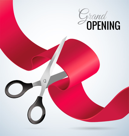Grand opening concept. Scissors cut the ribbon. Grand opening card with red ribbon and silver scissors.のイラスト素材