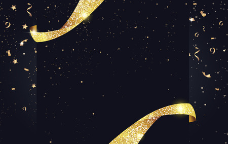 Festive sparkling background with ribbons, gold sparkles and confetti.のイラスト素材