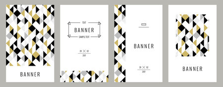 Trendy geometric cards with abstract seamless pattern. Gold black and white triangle Pattern. Vector...