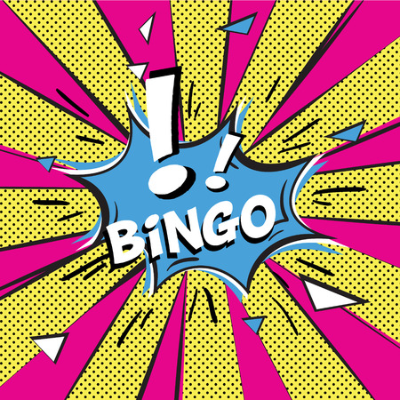 Bingo and exclamation sign in comic speech bubble on burst backgroundのイラスト素材
