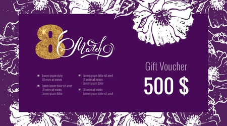 Gift Voucher Coupon discount for Happy Women's Day. Elegant gift certificate template with floral background and calligraphic text. Shopping concept.  Vector flat illustrationのイラスト素材