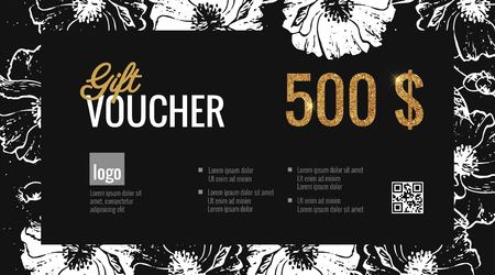 Gift Voucher Coupon discount. Elegant gift certificate template with floral background. Shopping concept.  Vector flat illustrationのイラスト素材