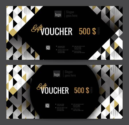 Gift Voucher Coupon discount. Elegant gift certificate template with gold black and white triangle pattern and gold sparkling price. Shopping concept.  Vector flat illustrationのイラスト素材