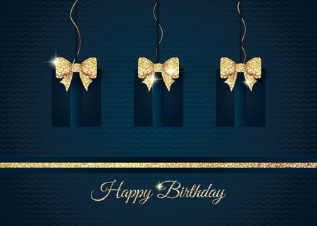 Happy birthday elegant card with gifts and gold bows. Birthday gold greeting card. Vector illustrationのイラスト素材