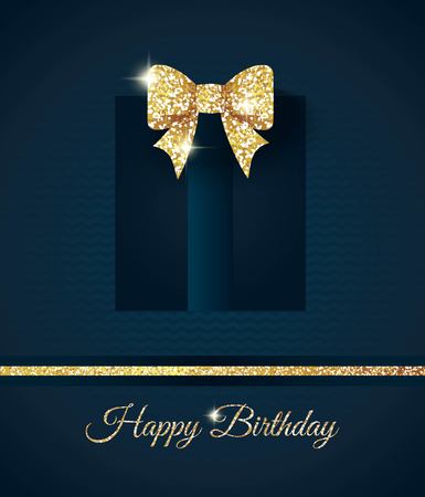 Happy birthday elegant card with gift and gold bow.Birthday gold greeting card. Vector illustrationのイラスト素材