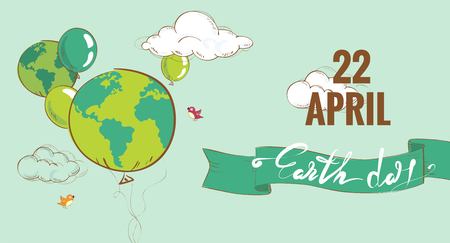 22 april Earth day. Eco friendly ecology concept with hand drawn planet and balloons on the sky background. Vector illustrationのイラスト素材