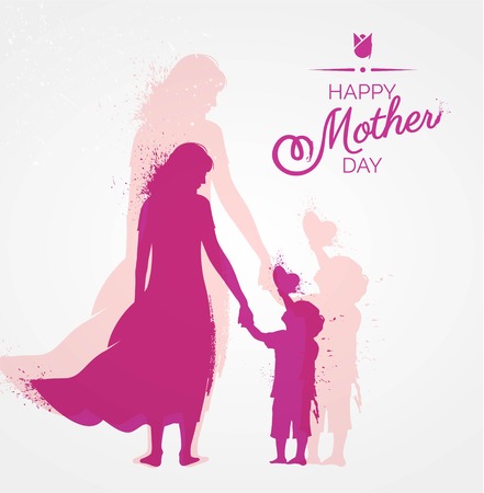 Illustration for Happy Mother`s Day flyer, banner or poster, silhouette of a mother holding her son hand. Vector illustration - Royalty Free Image