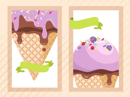Banner set of cute sweet backgrounds.  Vector flat illustration. Blueberry Ice Cream Cone. Berry Flavor with liquid chocolate.のイラスト素材
