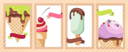 Banner set of cute sweet backgrounds. Ice cream cards. Vector flat illustrationのイラスト素材