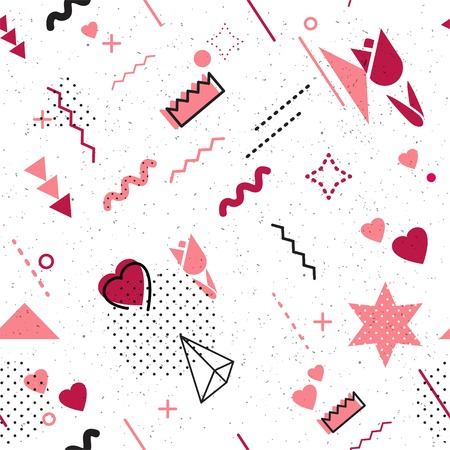 Trendy geometric elements memphis card. Seamless memphis pattern for 8 march women`s day celebration with holiday symbols  in retro 80s, 90s memphis style. Vector illustrationのイラスト素材