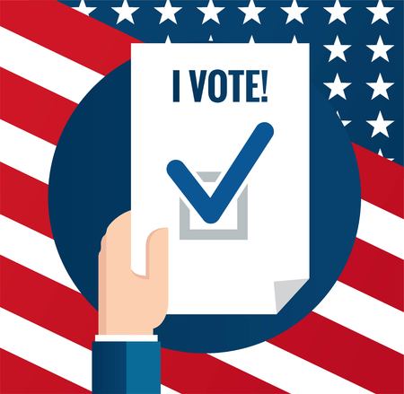 I vote! Hand hold voting paper with tick. Patriotic 2016 voting poster. Presidential election 2016 in USA. Flat design, vector illustration.のイラスト素材