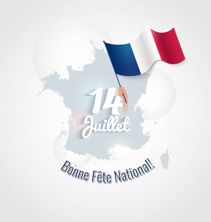14 July Bastille day flyer, banner or poster. Silhouette of french map with paint/ink splatters and waving french flag. Holiday and celebration concept. Vector illustrationのイラスト素材