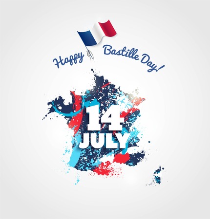 14 July Bastille day flyer, banner or poster. Colorful french map with paint/ink splatters and waving french flag. Holiday and celebration concept. Vector illustrationのイラスト素材