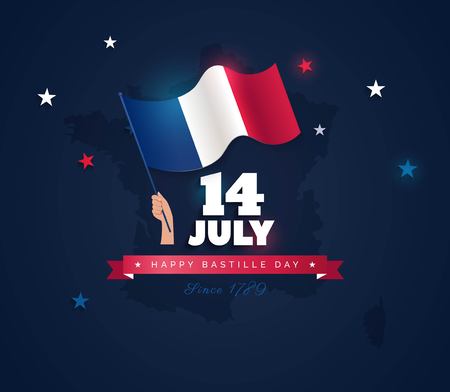 14 July Bastille day flyer, banner or poster. Holiday background with waving flag in man`s hand and map. Vector flat illustrationのイラスト素材