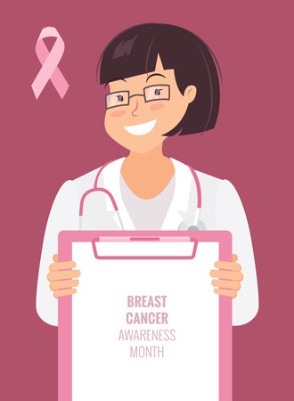 Healthcare, medicine and breast cancer concept.Close up of doctor pointing at empty medical clipboard. Vector illustrationのイラスト素材