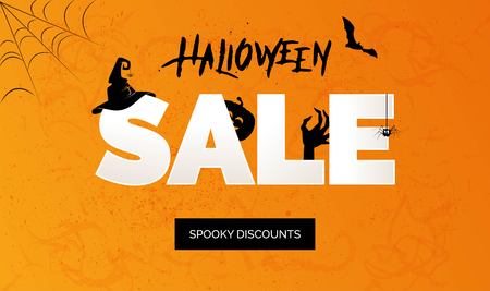 Halloween Sale vector banner with lettering and holiday symbols pumpkin, witch hat, zombie, spider and bat. Great for banner, voucher, offer, coupon, holiday sale.のイラスト素材