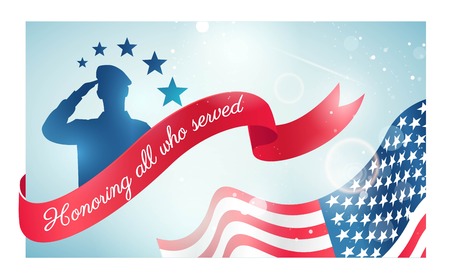 Happy Veteran Day flyer, banner or poster. Holiday background with waving flag, soldier silhouette and curving ribbon. Thank you, Veterans. Vector illustrationのイラスト素材