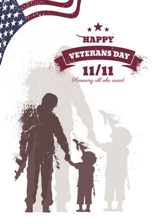 Happy Veteran Day flyer, banner or poster, silhouette of a soldier holding little boy hand. Soldier returning home after years of war. Vector illustrationのイラスト素材