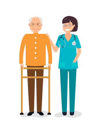 Young female nurse helping senior man to use walking frame.のイラスト素材
