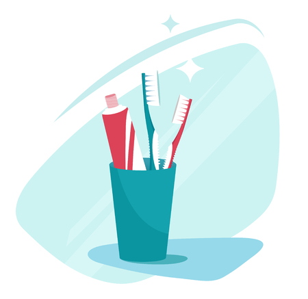 Toothbrushes in glass on table on light design.のイラスト素材