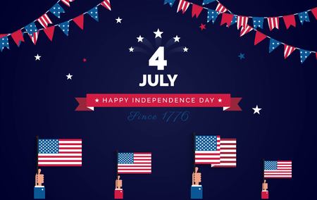 4 July USA Independence Day flyer, banner or poster. Holiday background with waving flags and bunting flags. Vector flat illustrationのイラスト素材