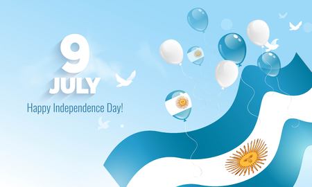 9 July, Argentina Independence Day greeting card. Celebration background with waving flag and flying balloons. Vector illustrationのイラスト素材