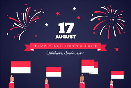 17 August. Indonesia Independence Day greeting card.  Celebration background with fireworks, flags...