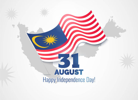 31 August. Malaysia Independence Day greeting card. Celebration background with map silhouette and waving flag. Vector illustrationのイラスト素材