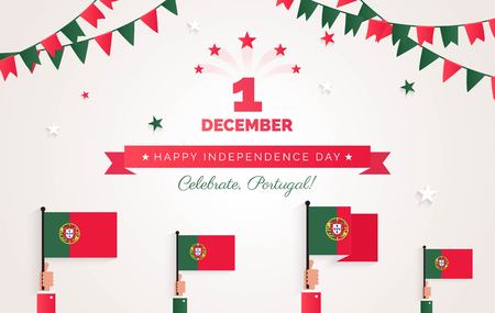 1 December. Portugal Independence Day greeting card.   Holiday background with waving flags, ribbon and garlands. Vector flat illustrationのイラスト素材