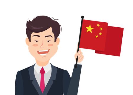 Chinese man holding  national flag. Vector flat illustrationのイラスト素材