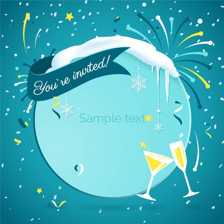 You are invited to christmas party. Let`s party. Lets celebrate. Invitation background on party time with snowflakes, wineglass, confetti and fireworks. Vector modern flat illustrationのイラスト素材