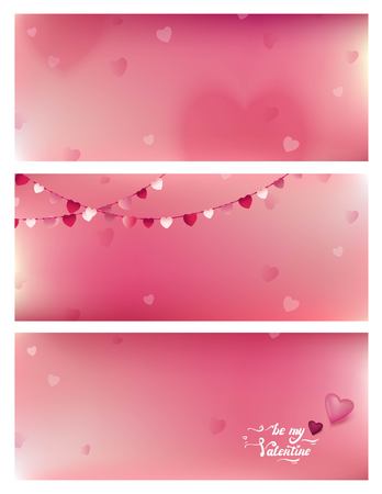 Set of three banners with blurred background and bokeh hearts. Happy valentine`s day cards. Handwritten Valentines Day calligraphy on blurred background.  Vector illustrationのイラスト素材