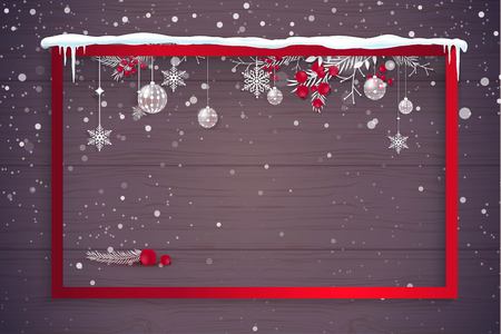 Merry christmas and Happy new year 2017 holiday background. Happy holidays banner with snowflakes, branches and berries, pink frame and christmas decoration isolated on wooden background.  Vector illustration.のイラスト素材