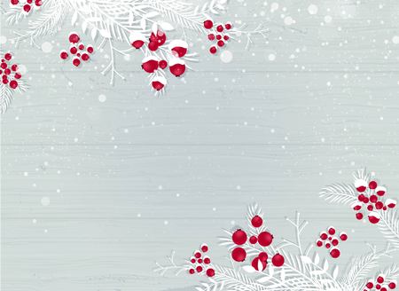 Winter wooden snowy background with white branches and berries - blue woodboard. Christmas wooden background with snow fir tree and copy space. Vector illustrationのイラスト素材