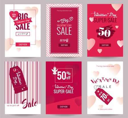 Collection of  Valentine's Day sale flyer templates with lettering and holiday symbols.  Poster, card, label, banner design set. Vector illustrationのイラスト素材