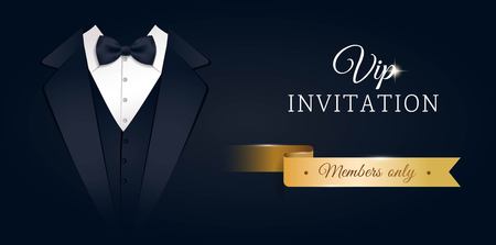 VIP premium horizontal invitation card.  Black banner with businessman suit and tie. Black and golden design template. Vector illustrationのイラスト素材