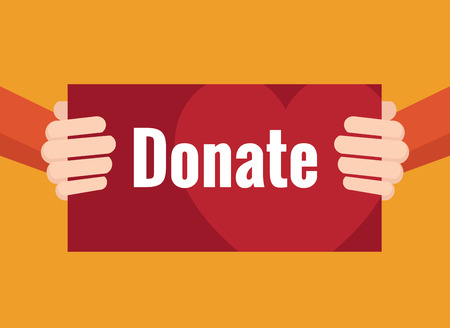 Gesture of hands holding paper for message donate. Donation concept. Vector flat illustrationのイラスト素材