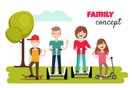 The family in the park on self-balancing electric scooters, segways.A happy family portrait of Parents and Children are having outdoor activities. Family concept.のイラスト素材