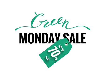 Green monday sale banner with lettering and price tag. Vector illustration