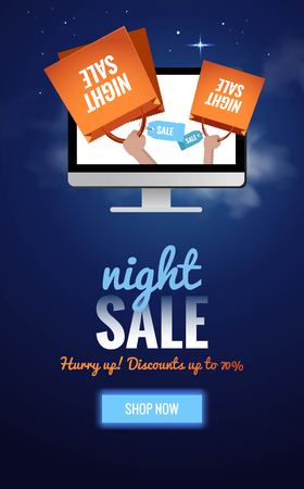 Night sale dark banner. Sale poster with night sky, clouds and shopping bags in computer display. Vector illustration.のイラスト素材