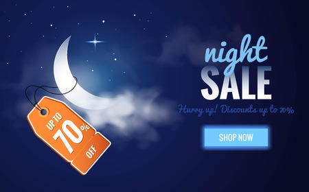Night sale dark banner. Sale poster with moon, clouds and price tag. Vector illustration.のイラスト素材
