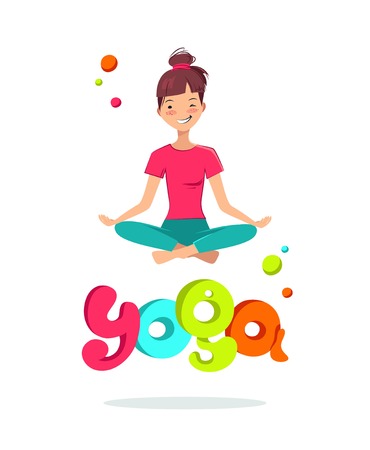 Time to yoga poster. Pretty young girl doing yoga exercise in the class. Vector illustrationのイラスト素材