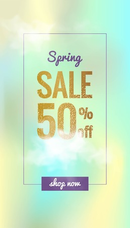 Spring sale template designed on holographic abstract background. Modern vector illustration with fog and golden textureのイラスト素材