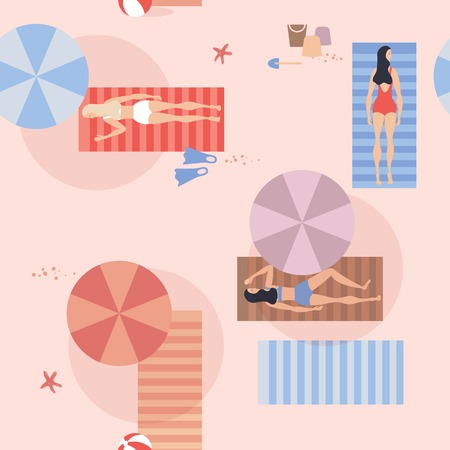 Seamless pattern of people sunbathing on the beach. Vector illustrationのイラスト素材